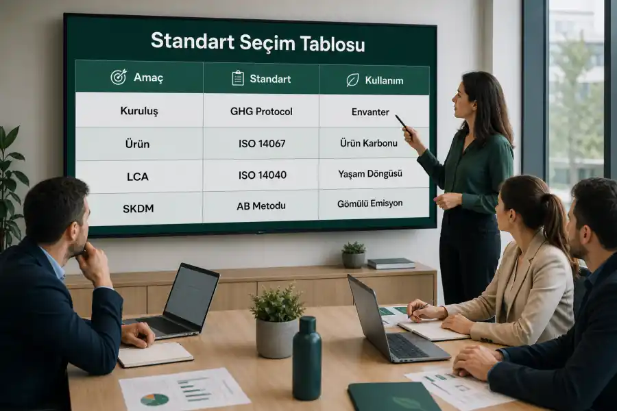 Emisyon hesaplama standartları i&ccedil;in GHG Protocol ISO SKDM ve LCA kullanım alanlarını g&ouml;steren T&uuml;rk&ccedil;e tablo g&ouml;rseli