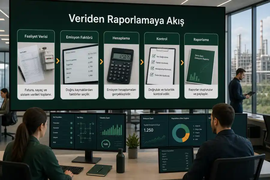 Emisyon verisinin faaliyet verisi emisyon fakt&ouml;r&uuml; hesaplama doğrulama ve raporlama adımlarını g&ouml;steren T&uuml;rk&ccedil;e g&ouml;rsel