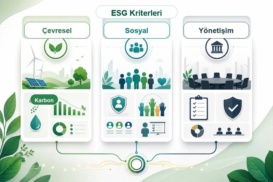 ESG kriterleri olan &ccedil;evresel sosyal ve y&ouml;netişim başlıklarını veri akışıyla g&ouml;steren infografik