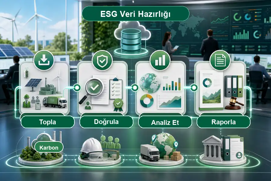ESG veri hazırlığı i&ccedil;in karbon ayak izi &ccedil;alışan ve y&ouml;netişim verilerini raporlayan ekip
