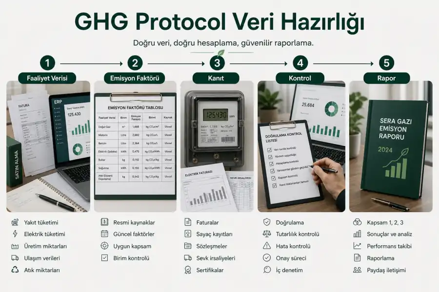 GHG Protocol veri hazırlığı i&ccedil;in fatura saya&ccedil; ERP ve emisyon fakt&ouml;r&uuml; akışını g&ouml;steren T&uuml;rk&ccedil;e g&ouml;rsel