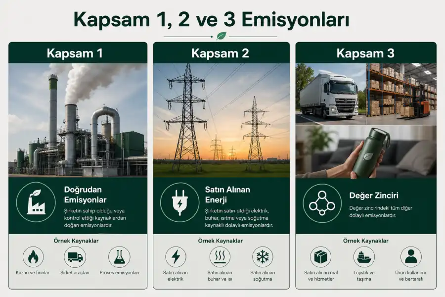 Kapsam 1 Kapsam 2 ve Kapsam 3 emisyon akışını g&ouml;steren T&uuml;rk&ccedil;e kurumsal infografik