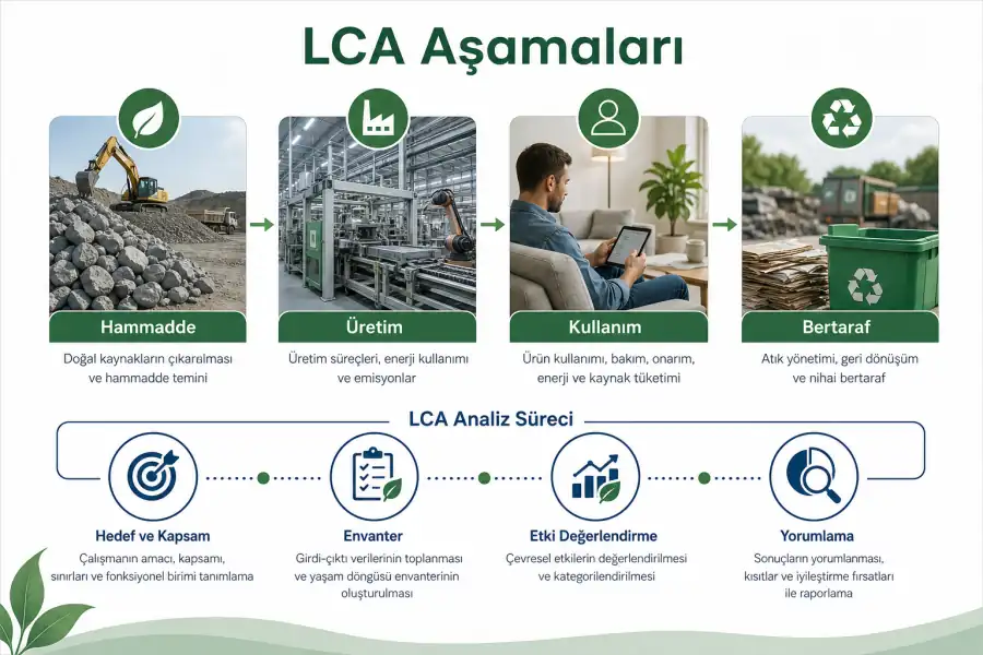 LCA aşamalarını hammadde &uuml;retim kullanım ve bertaraf s&uuml;re&ccedil;leriyle g&ouml;steren T&uuml;rk&ccedil;e infografik