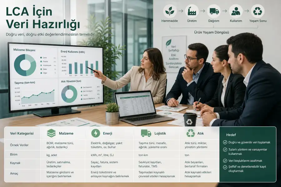 LCA i&ccedil;in malzeme enerji lojistik ve atık verilerini inceleyen s&uuml;rd&uuml;r&uuml;lebilirlik ekibi