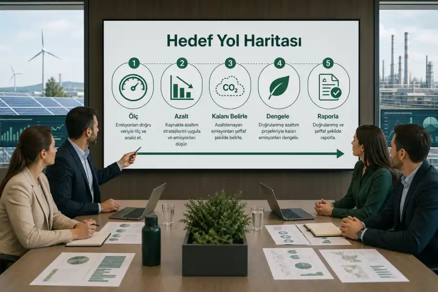 Net sıfır hedefi i&ccedil;in &ouml;l&ccedil; azalt kalanı dengele raporla ve doğrula adımlarını g&ouml;steren T&uuml;rk&ccedil;e yol haritası