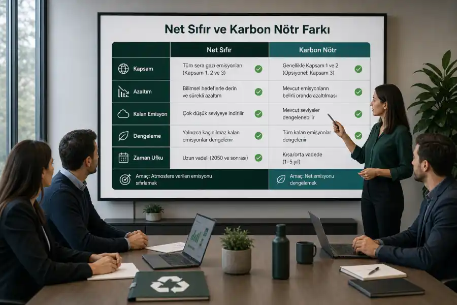 Net sıfır ve karbon n&ouml;tr farklarını azaltım kapsam kalan emisyon ve dengeleme başlıklarıyla g&ouml;steren T&uuml;rk&ccedil;e tablo g&ouml;rseli
